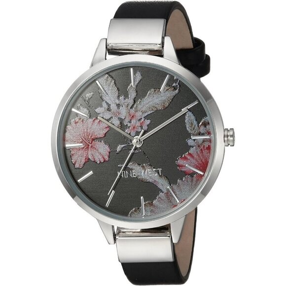 Women\'s Floral Dial Strap Watch Black/Silver